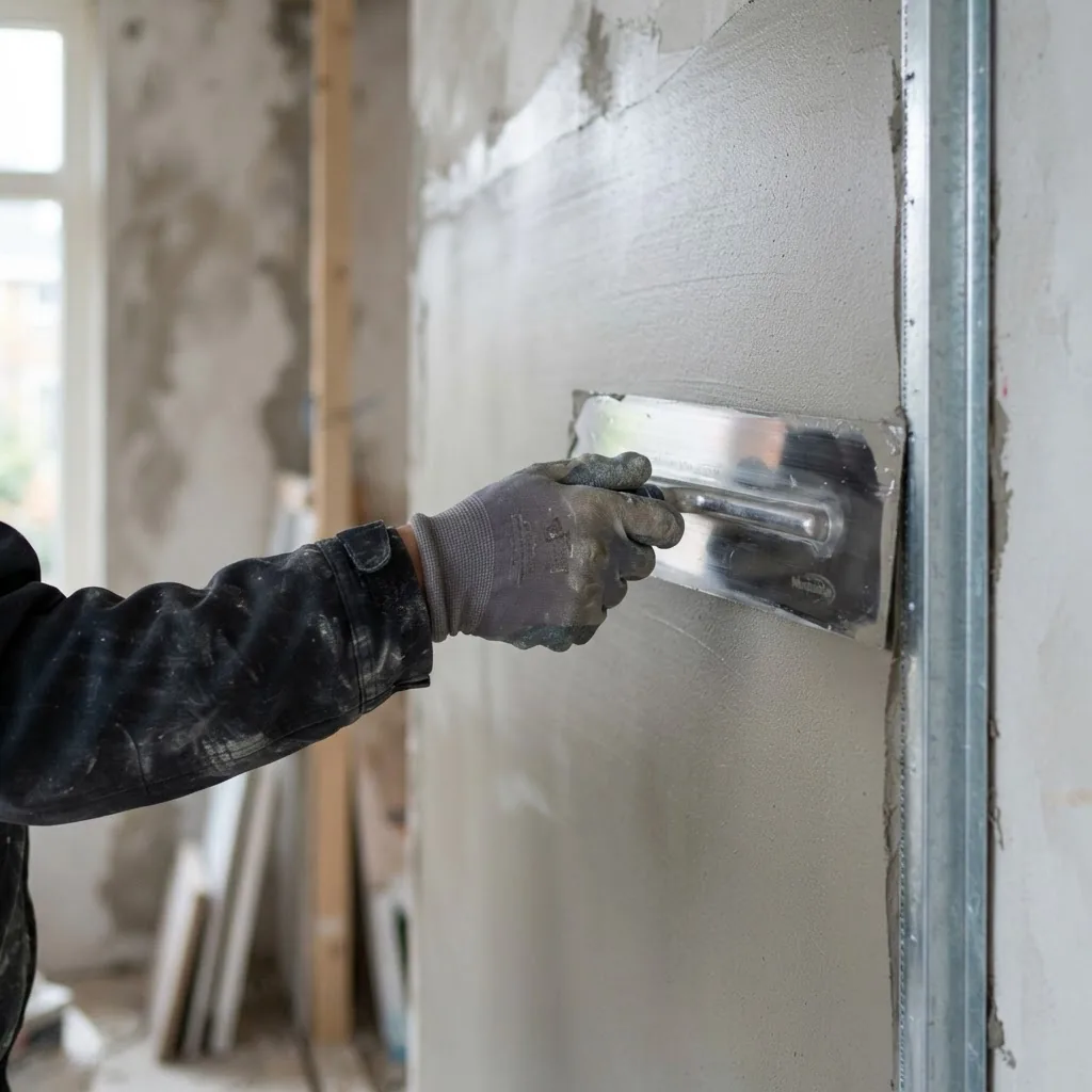 Stukadoor trekt een wand vlak af met de spaan