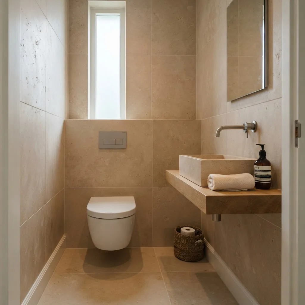 Gastentoilet met wanden in doorlopend natuursteen