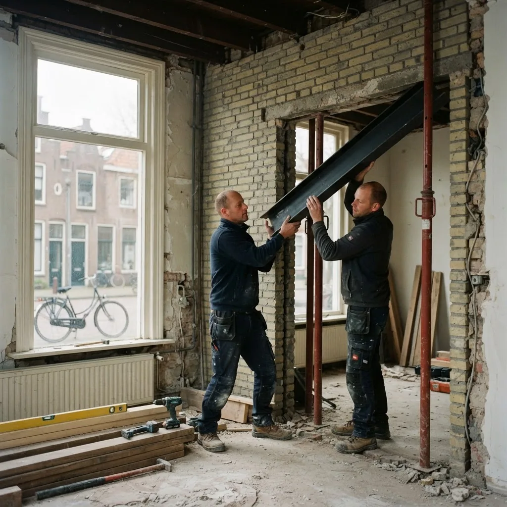 Vakmensen plaatsen een stalen constructiebalk tijdens een totaalrenovatie
